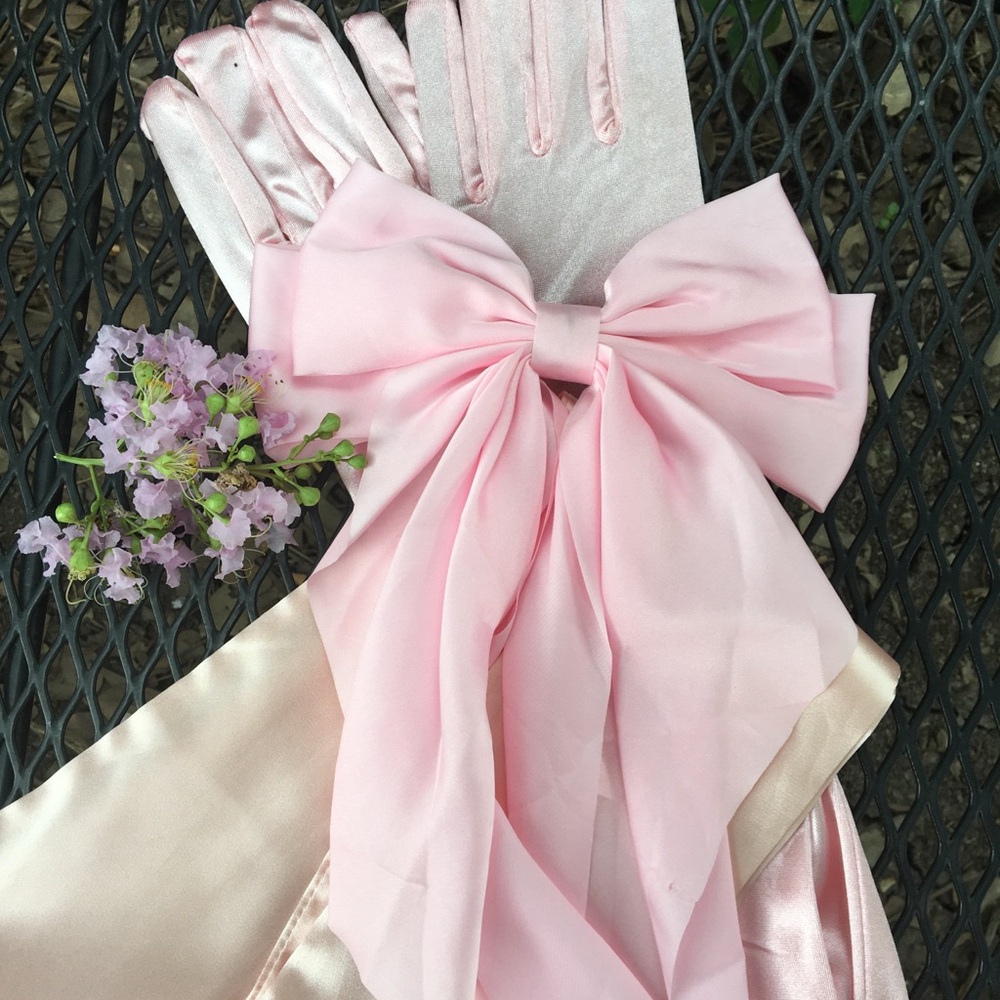 Elegant Pink Satin Gloves with Bow